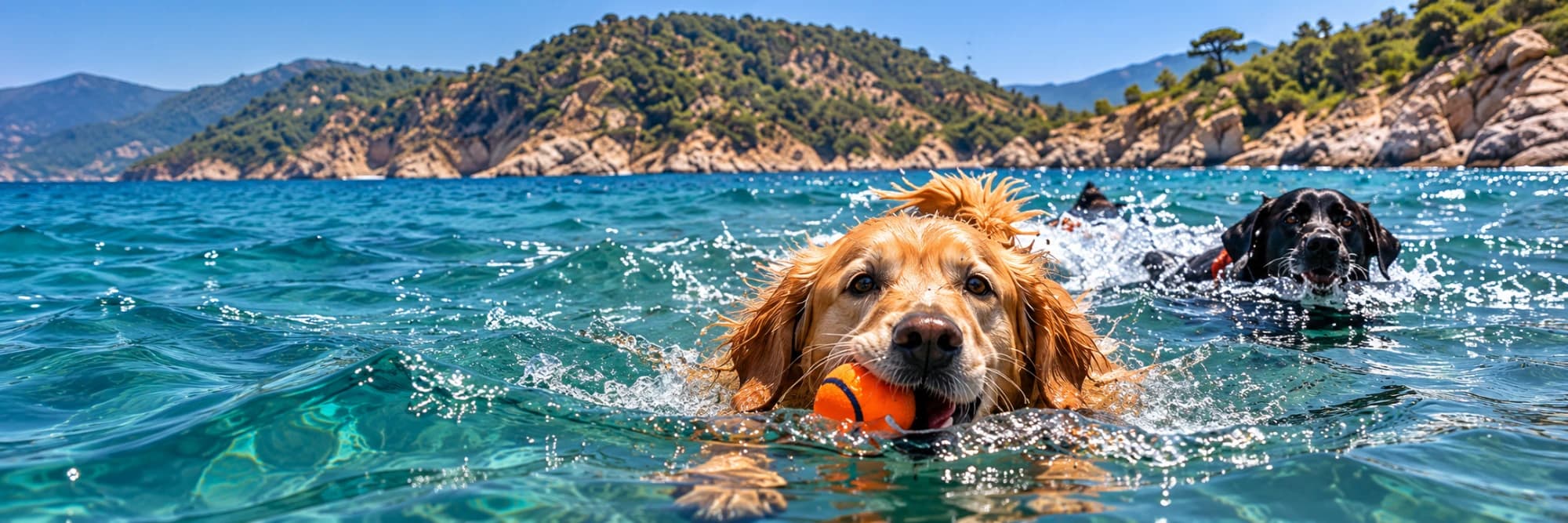 Ağzında turuncu topla denizde yüzen sarı bir köpek ve arkasında siyah bir köpek