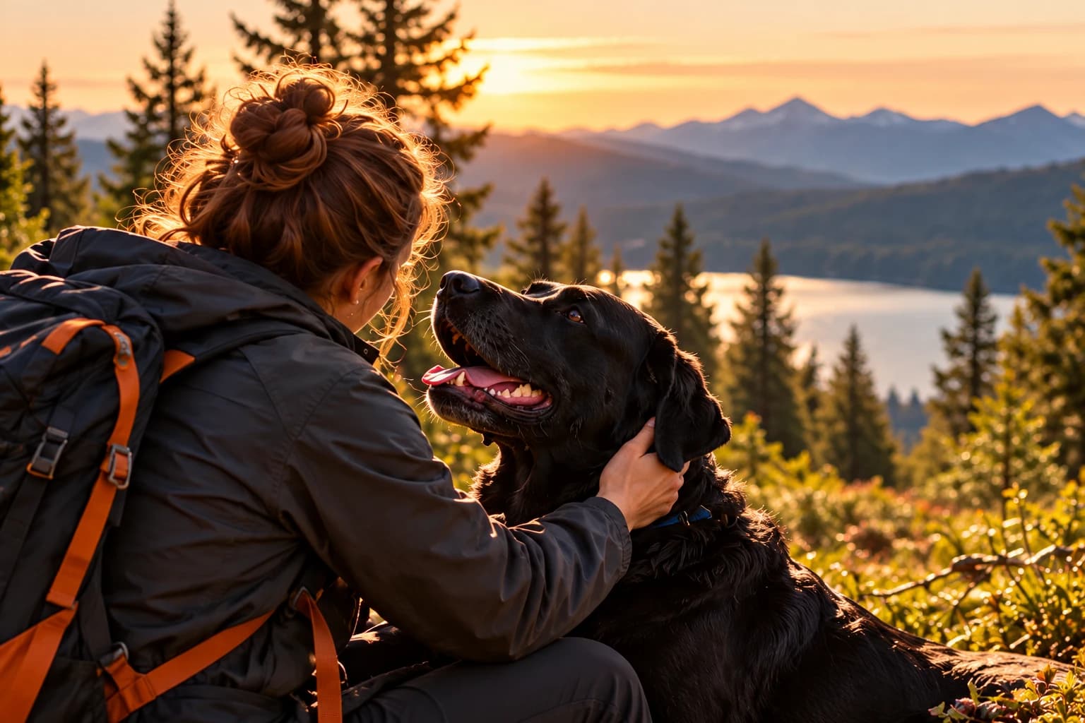 Gün batımında dağ ve göl manzarasında, sırt çantalı bir kadının sevdiği mutlu siyah köpek