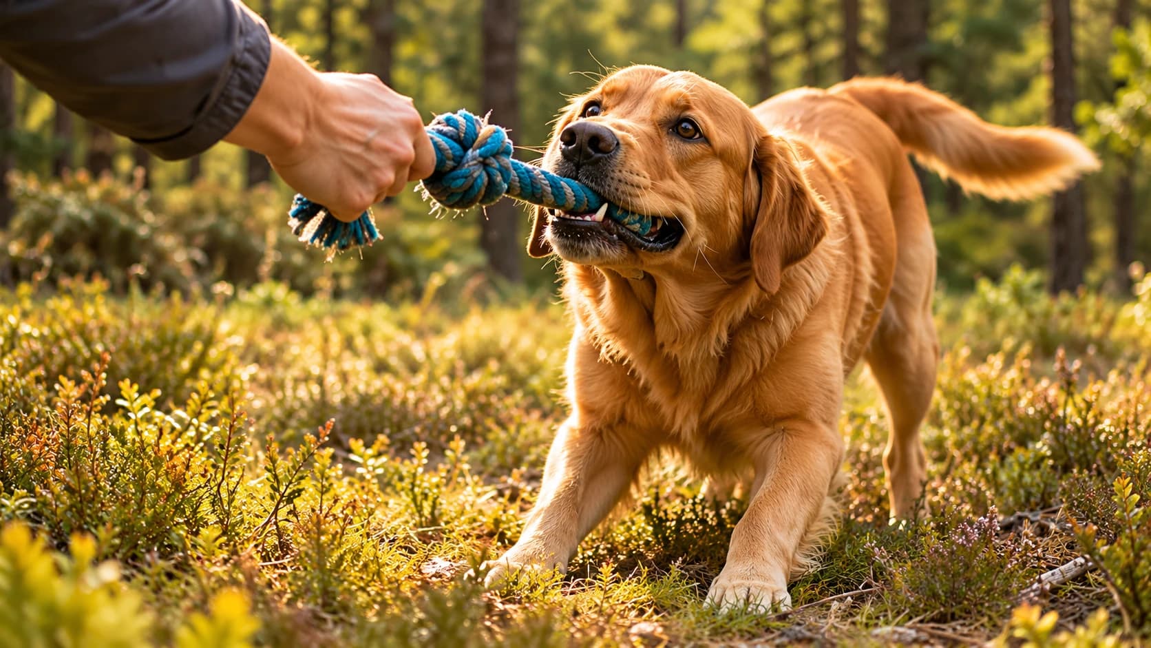 Ormanda bir elin tuttuğu halat oyuncağı çeken sarı bir köpek