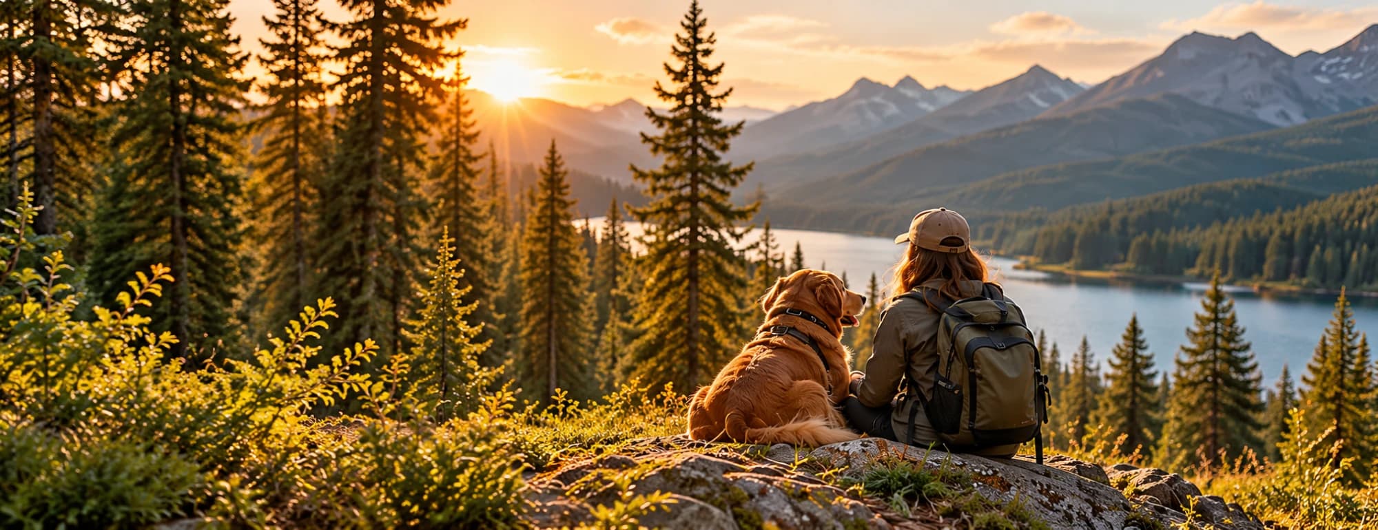 Gün batımında göl ve dağ manzarasına bakan bir kadın ve sarı köpeği