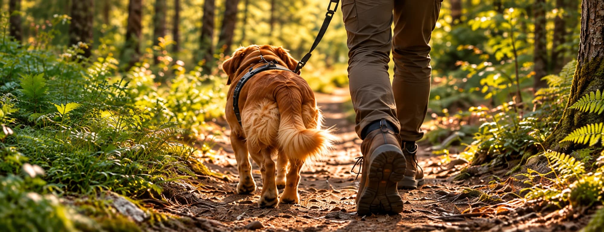 Orman patikasında sahibinin yanında tasmalı yürüyen sarı bir köpek
