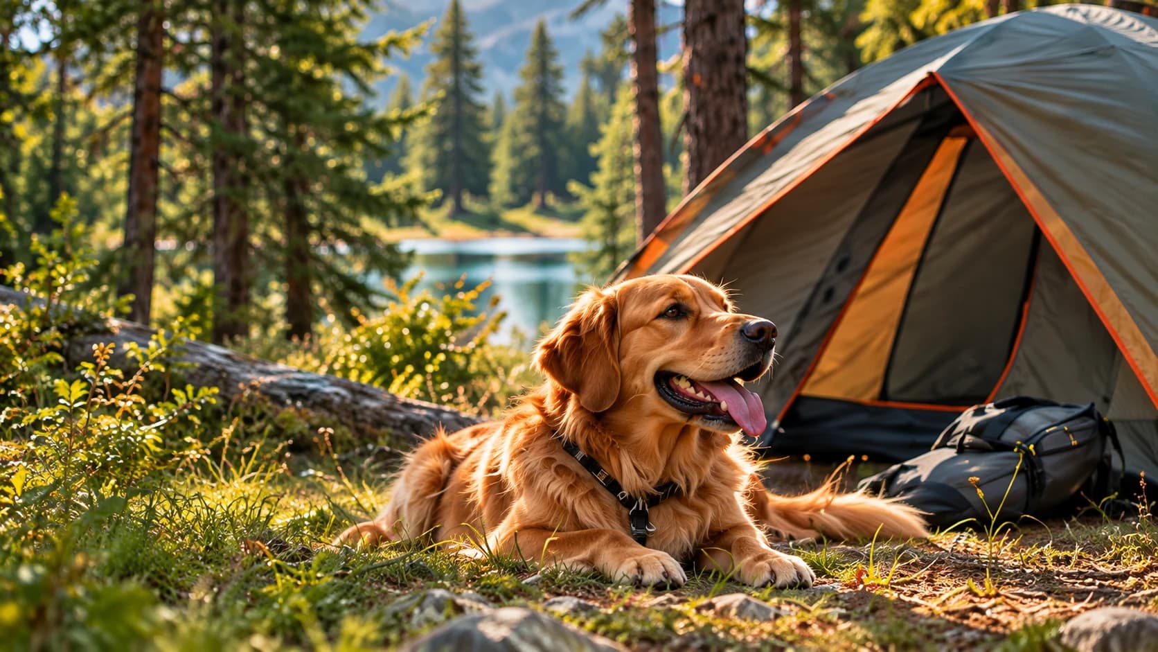 Göl kıyısındaki ormanda çadırın önünde uzanan sarı bir köpek