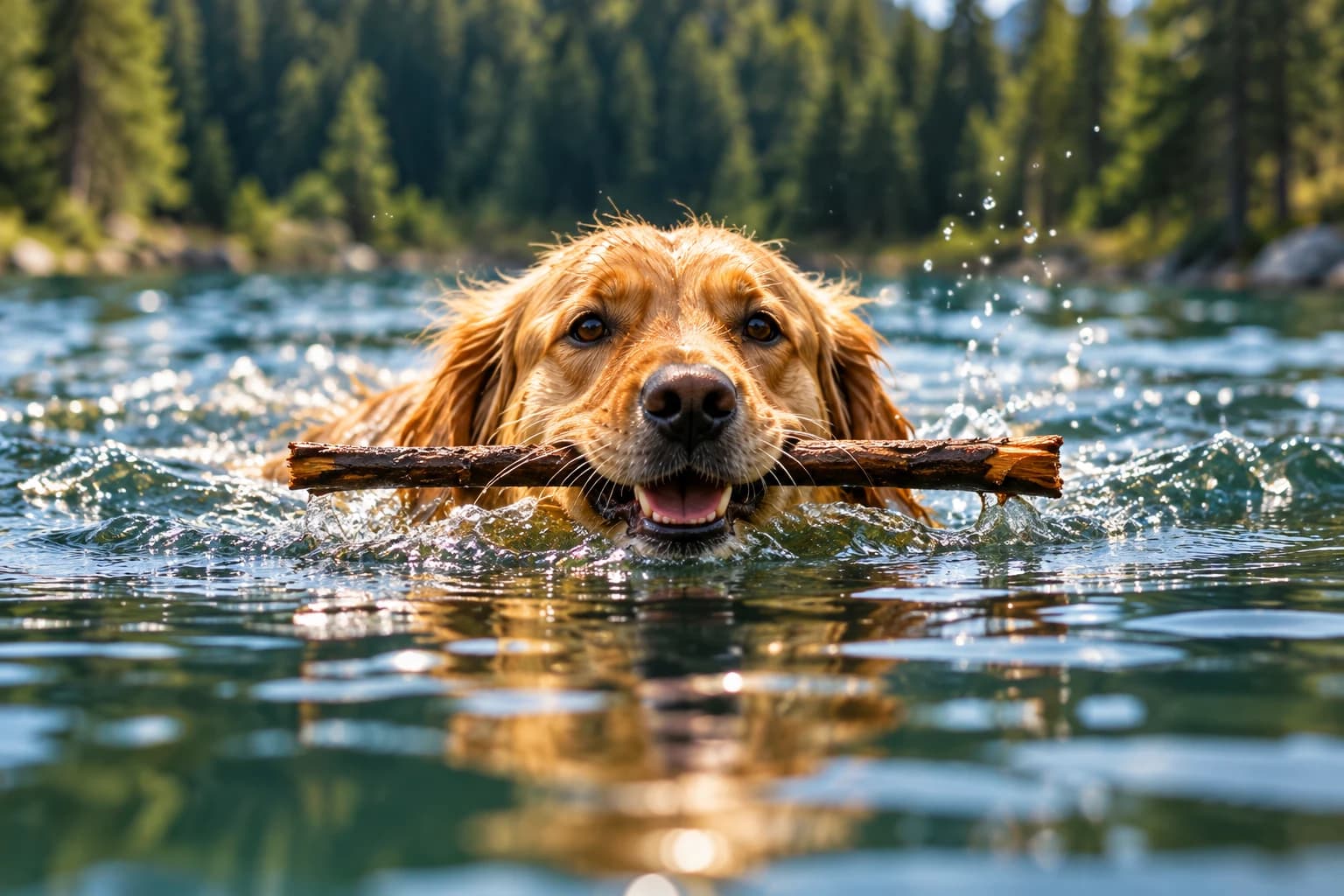 Ağzında dalla gölde yüzen sarı bir köpek