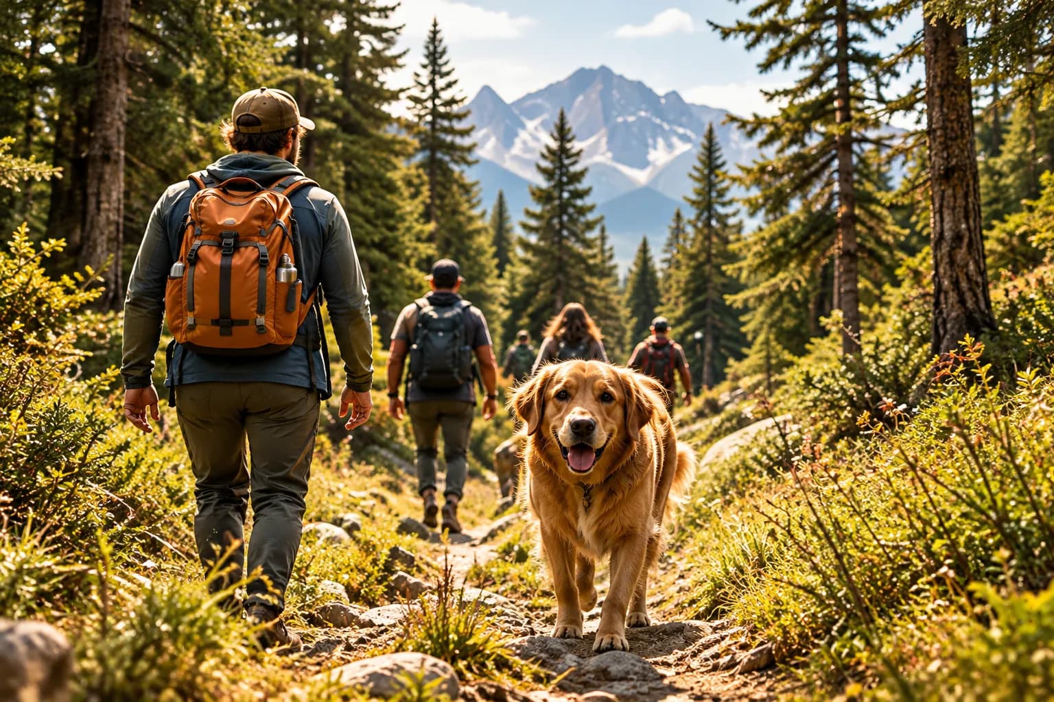 Orman patikasında yürüyüşçülerle birlikte yürüyen sarı bir köpek